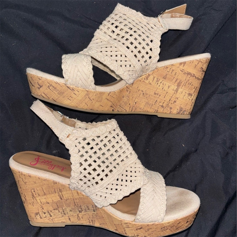 Jellypop Womens Slingback Wedge Sandals Beige Open Toe Cork Look Size 8.5M party